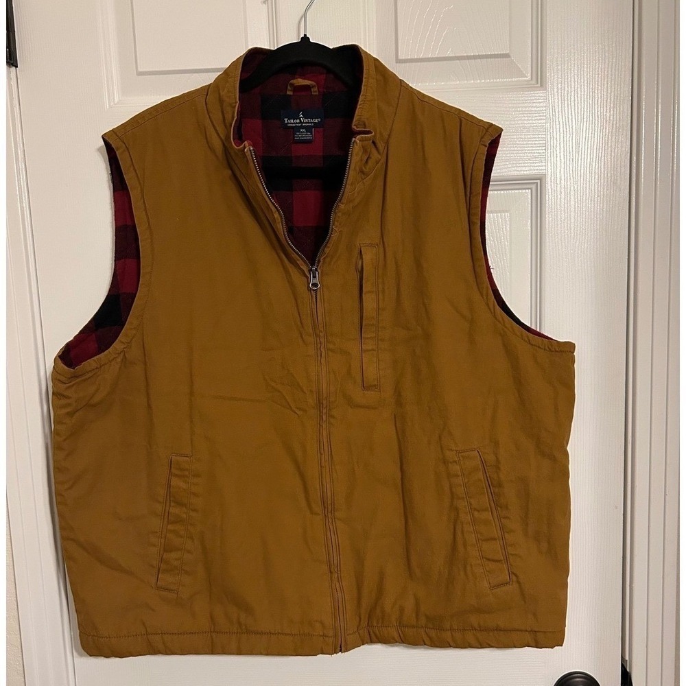 Tailor Vintage Mens XXL Canvas Vest Quilted Buffalo Plaid Flannel Lined Brown